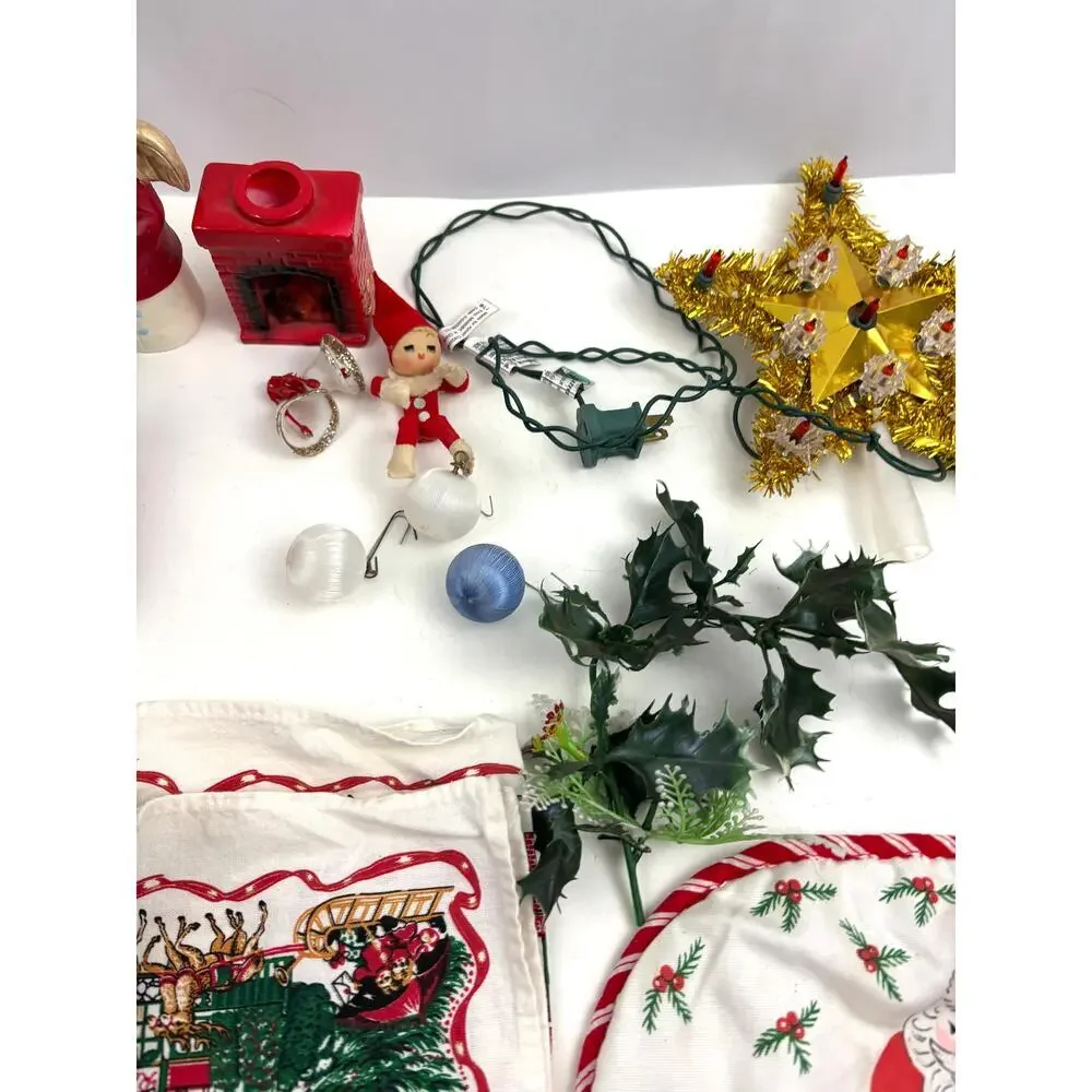 VTG Lot of 12 Holiday Ornaments Christmas Stars Santa Linen Tree Topper‎
